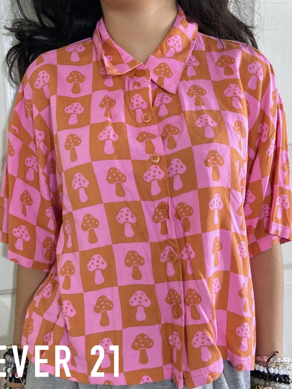 Forever 21 Women's Pink Orange Mushroom Button Down Shirt